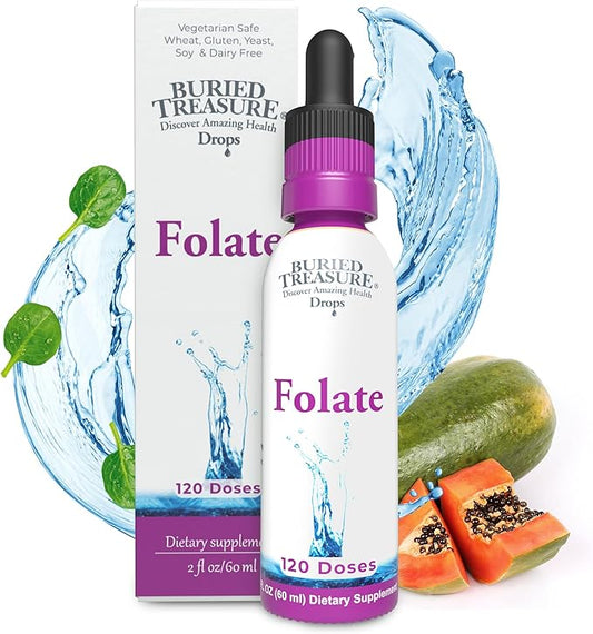 Buried Treasure Folate Drops - Methylated B-9 (Calcium L-5 Methyltetrahydrofolate), Supports Energy Production, Heart Health, and Pregnancy, 5-MTHF Supplement Vegan Safe, 120 Servings