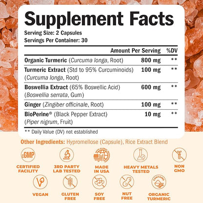 Turmeric Supplement with 65% Boswellia Extract Capsules - Turmeric Curcumin Supplement 95% Curcuminoids - Boswellia Serrata, Black Pepper, Organic Turmeric & Ginger root capsules - Tumeric Caps 2-Pack