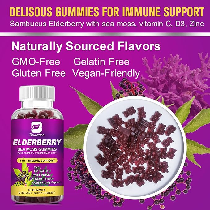 Elderberry Gummies & Irish Sea Moss, Organic Sambucus Elderberry Gummy with Seamoss, Zinc, Vitamin C, D3, Multivitamin Elderberry Vitamin & Energy Support Supplements - Sugar-Free