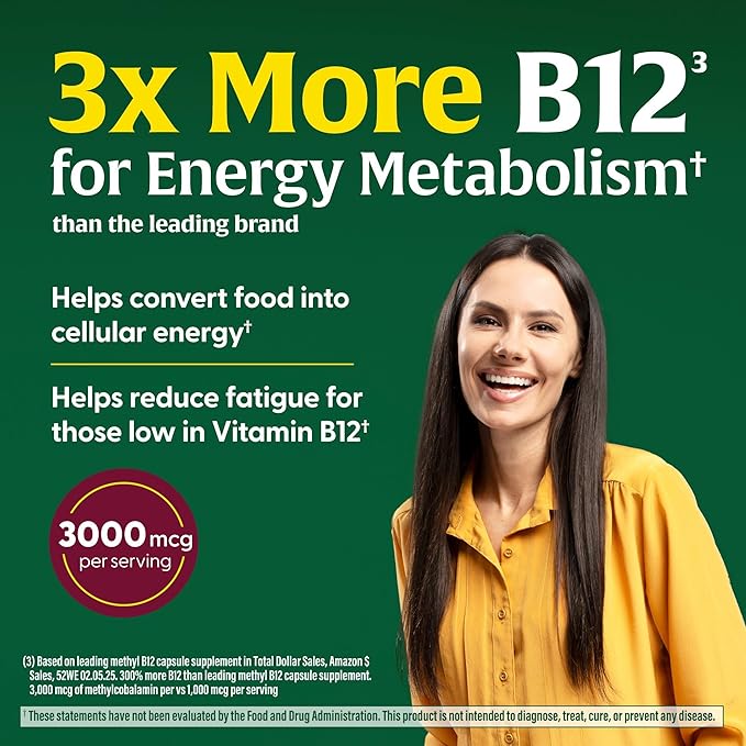 MegaFood Extra Strength Methyl B12 Vitamins, Bioavailable Vitamin B12 3000mcg Per Serving, Supports Energy Metabolism & Nervous System Health, Beet Root, Vegan, Gluten Free, 90 Capsules, 90 Servings