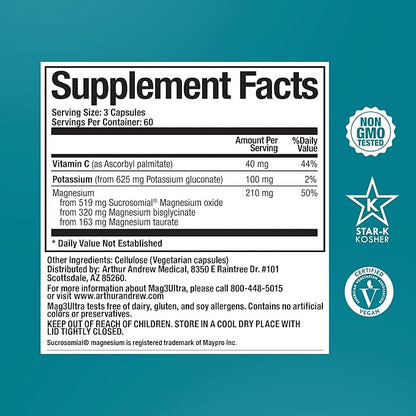 Arthur Andrew Medical, Mag3Ultra Triple Magnesium Supplement, Sucrosomial, Bisglycinate, Taurate for Muscle, Stress, Mood, Nerve, Bone & Heart Support, 180 Capsules