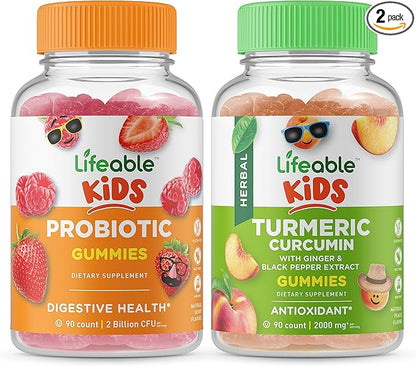 Lifeable Probiotic 2 Billion CFU Kids + Turmeric Curcumin Kids, Gummies Bundle - Great Tasting, Vitamin Supplement, Gluten Free, GMO Free, Chewable Gummy