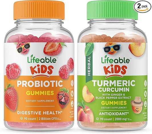 Lifeable Probiotic 2 Billion CFU Kids + Turmeric Curcumin Kids, Gummies Bundle - Great Tasting, Vitamin Supplement, Gluten Free, GMO Free, Chewable Gummy
