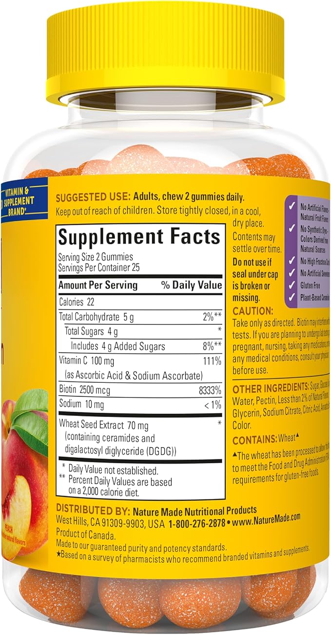 Nature Made Skin Hydration Gummies Plus Plant-Sourced Ceramides, Support Healthy Skin As You Age, with Biotin & Vitamin C, 50 Gummies, 25 Day Supply
