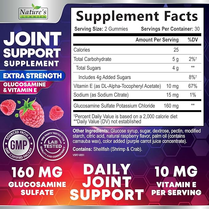 Joint Support Supplement - Extra Strength Glucosamine Gummy Supports Joints Health & Flexibility for Back, Knees, Hands - Natural Vitamin E Immune Support - Best Gummies for Women & Men - 60 Gummies