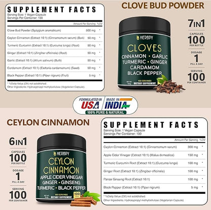 Bundle 7in1 Cloves Supplement & 6in1 Premium Ceylon Cinnamon Supplements - Support Immune, Digestion Health and Body Balance