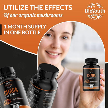 Chaga Capsules Organic Supplement | Supports Immune Health & Vitality | Daily Immune Support | Organic Chaga Mushroom Extract | 90 Capsules (1 Month Supply)