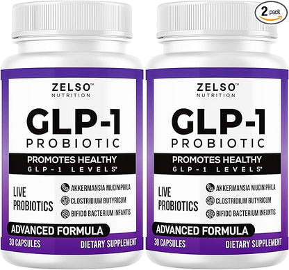 ZELSO (2 Pack) GLP-1 Probiotic with Akkermansia Muciniphila - Gut Health Support with GLP 1 Live Probiotics, 500M CFU Multi-Strain Probiotic + Prebiotic, GLP1 Naturally Plus - 60 Capsules