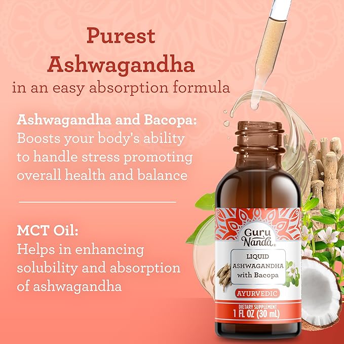 GuruNanda Liquid Ashwagandha with Bacopa (1 Fl Oz) - Natural Dietary Supplement- Liquid Extract Drops - for Men & Women- Vegan & Alcohol-Free - Aids in Immune, Focus & Relaxation Support