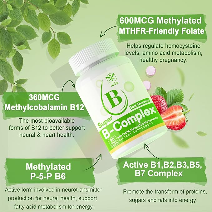 Sugar Free Vitamin B Complex with Methyl B12, MethylFolate, B6, B1, B2, B3, Fast Dissolve Highly Bioavailable Methylated B Complex Supplement for Energy Levels, Neural System, Vegan,180 Tablets