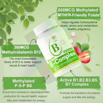 Sugar Free Vitamin B Complex with Methyl B12, MethylFolate, B6, B1, B2, B3, Fast Dissolve Highly Bioavailable Methylated B Complex Supplement for Energy Levels, Neural System, Vegan,180 Tablets