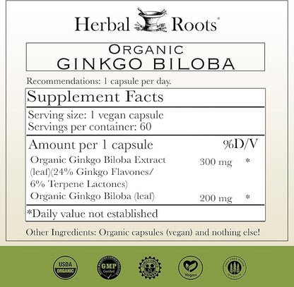 Herbal Roots Organic Ginkgo Biloba Made with Pure Organic Ginkgo Leaf and Extract - 60 Vegan Capsules