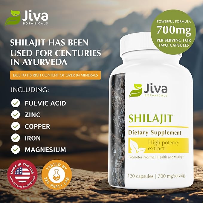 Jiva Botanicals Premium Shilajit Supplement 700 mg - Shilajit Capsules Extract with Minerals, Fulvic/Humic Acid for Immune Support & Nomal Digestive Health - 120 Vegan Capsule