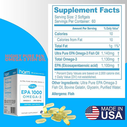 Haim EPA1000 MINI – Pure EPA Fish Oil Supplement – 1,100mg Omega-3 for Heart, Brain & Joint Health – High Potency, Burpless Softgels – Small, Easy-to-Swallow Capsules – 60 Softgels – Made in USA