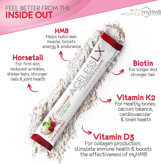 Powder Supplement for Women - with HMB Collagen Enhancer Plus Vitamin D3 with K2, Horsetail and Biotin for Lean Muscle and Stronger Hair and Nails - 30 Powder Packets, Cherry Limeade