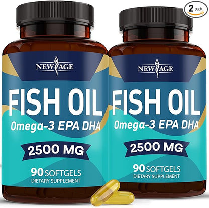 NEW AGE Omega 3 Fish Oil 2500mg Supplement Non GMO - EPA, DHA Fatty Acids Gluten Free (180 Softgels (Pack of 2))