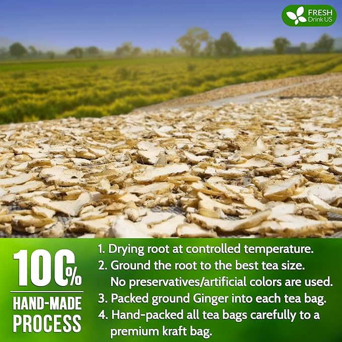 FRESHDRINKUS 55 Ginger Tea Bags, 100% Natural & Pure Herbal Tea, No Sugar, No Caffeine, No Gluten, Vegan