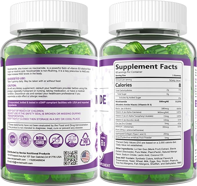 Sugar Free Nicotinamide 500mg Gummies, (Flush Free Niacin) Vitamin B3 Niacinamide Supplement for Cell Regeneration, NAD+ Levels, Anti-Aging, Cellular Energy, Focus & DNA Repair, Longevity, 60Cts