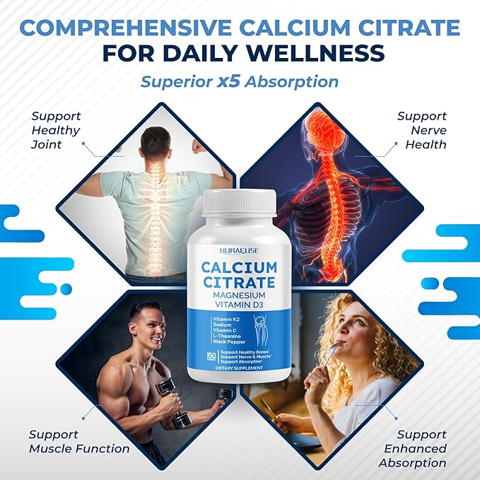 Calcium Citrate Magnesium Vitamin D3 1000IU - Support Healthy Bones, Nerve & Muscle, Absorption - Made and Tested in The USA