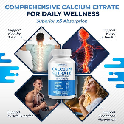 Calcium Citrate Magnesium Vitamin D3 1000IU - Support Healthy Bones, Nerve & Muscle, Absorption - Made and Tested in The USA