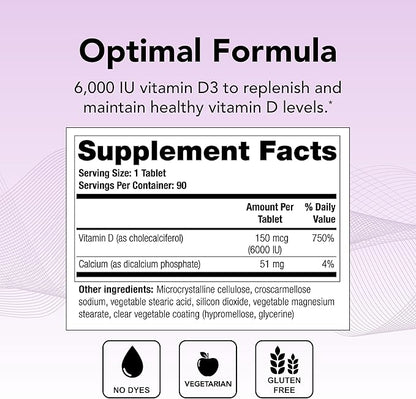 Theralogix Thera-D 6000 Vitamin D Supplement - 6,000 IU (150 mcg) Vitamin D3 Tablets - 90-Day Supply - Immune Support Supplement for Women & Men - Aids Bone & Heart Health - NSF Certified - 90 Tablets