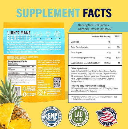 Mushie 100% Organic Lion’s Mane Mushroom Gummies for Adults & Kids Focus - 2000mg Lions Mane Nootropic for Brain, Cognitive, Memory & Immune Support - Vegan, Gluten-Free - 60 Count