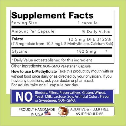 Our Daily Vites L-Methylfolate 7.5 mg / 7500 mcg Maximum Strength Active Folate, 5-MTHF, Filler Free, Gluten Free, Non-GMO, Vegetarian Capsules 60 Capsules
