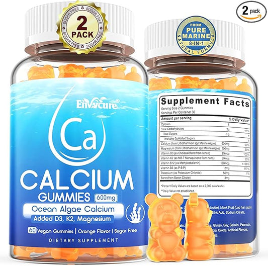 Calcium Gummies 600mg - Calcium Supplement for Women, Ocean Algae Calcium | Vitamin D3, K2, Magnesium | for Bone Strength, Muscle & Immnue | Sustainably Sourced Algae Calcium, 70+ Mineral, Vegan,2PACK