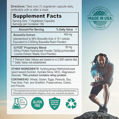 Boswellia Serrata with G-FOS - 98% Boswellic Acid - Supports Joint & Mobility Health - 180 Vegan Capsules, 180 Day Supply