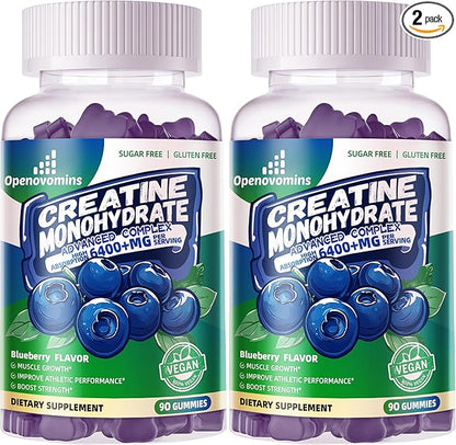 Creatine Monohydrate Gummies Complex for Men & Women -Advanced Formula W/L-Taurine + Vitamin B12, Sugar Free Chewable Supplement,180 Blueberry Gummies 2pack