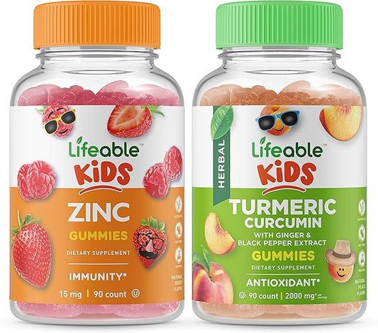 Lifeable Zinc Kids + Turmeric Curcumin Kids, Gummies Bundle - Great Tasting, Vitamin Supplement, Gluten Free, GMO Free, Chewable Gummy