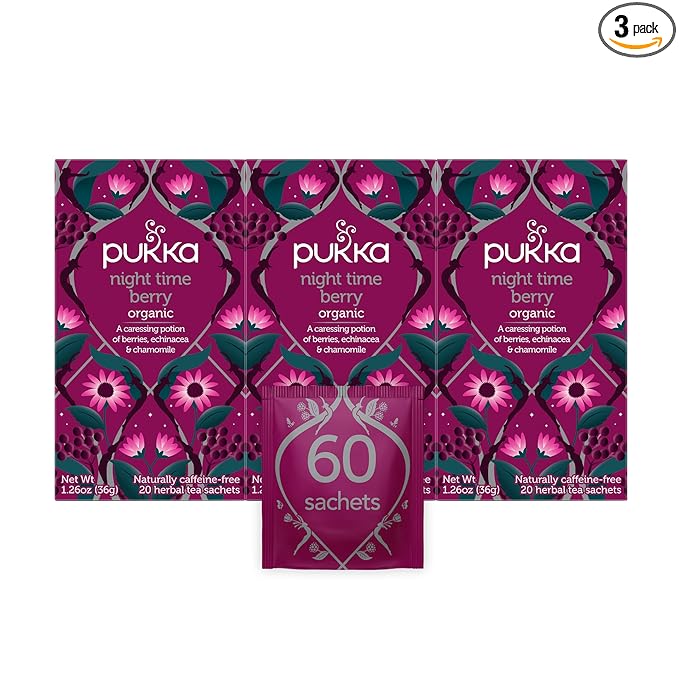 Pukka Organic Tea Bags, Night Time Berry Herbal Tea with Chamomile, Echinacea, and Elderberry, Perfect for Overnight Wellness, 20 Count (Pack of 3), 60 Tea Bags