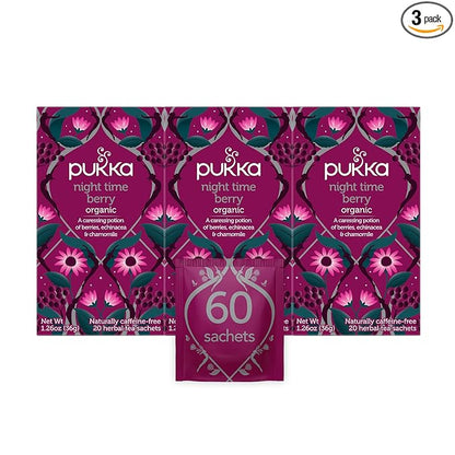 Pukka Organic Tea Bags, Night Time Berry Herbal Tea with Chamomile, Echinacea, and Elderberry, Perfect for Overnight Wellness, 20 Count (Pack of 3), 60 Tea Bags