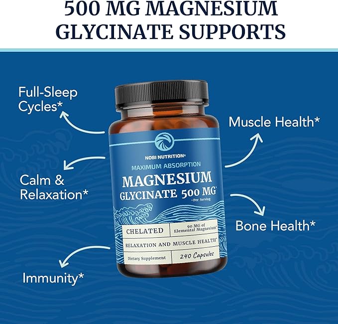 Magnesium Glycinate 500mg | Chelated for High Absorption | Muscle Relaxation, Bones, Heart, Nerve, Sleep & Calm Support for Women & Men | Magnesium Chelate Supplement & Bisglycinate Complex | 240ct