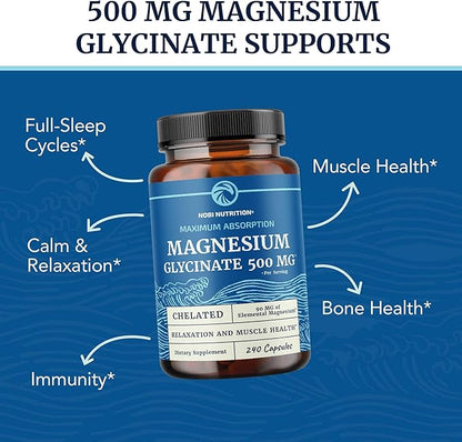 Magnesium Glycinate 500mg | Chelated for High Absorption | Muscle Relaxation, Bones, Heart, Nerve, Sleep & Calm Support for Women & Men | Magnesium Chelate Supplement & Bisglycinate Complex | 240ct