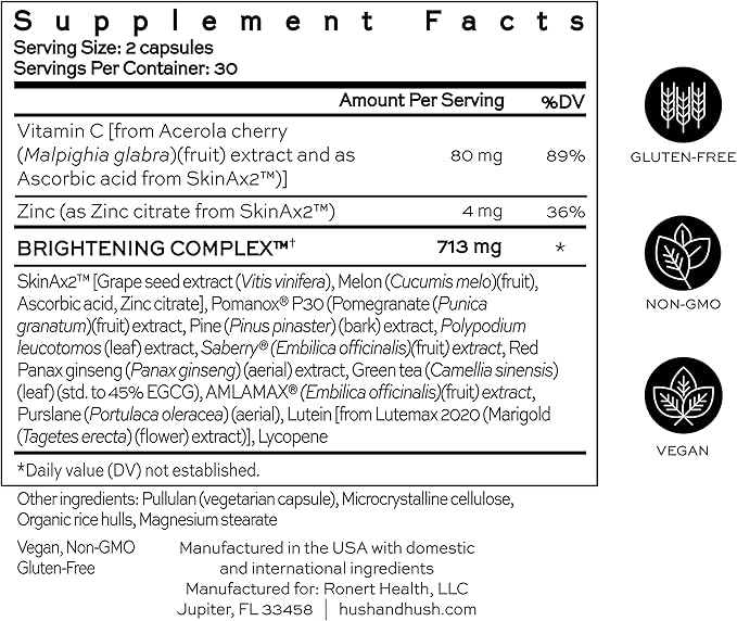 Hush & Hush SkinCapsule Brighten+ - Skin Brightening Vitamin C Supplement - Glowing Skin Beauty Vitamins - Reduces Dark Spots & Discoloration - Vegan, Non-GMO, Gluten Free - 60 Capsules