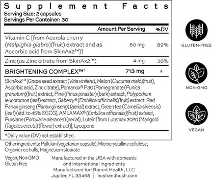 Hush & Hush SkinCapsule Brighten+ - Skin Brightening Vitamin C Supplement - Glowing Skin Beauty Vitamins - Reduces Dark Spots & Discoloration - Vegan, Non-GMO, Gluten Free - 60 Capsules