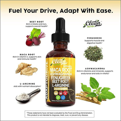 Clean Nutra Organic Maca Root Liquid Drops with Ashwagandha, Fenugreek, Beet Root and L-Arginine Liquid Multivitamin for Women and Men - Adapto Drive