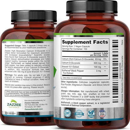 Zazzee High Absorption Calcium D-Glucarate, 500 mg per Capsule, 3 mg BioPerine for Enhanced Absorption, 100 Vegan Capsules, Plus Broccoli 10:1 Extract, 100% Vegetarian, CDG, All-Natural and Non-GMO
