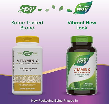 Nature's Way Vitamin C with Rose Hips, Antioxidant & Immune Function Support from vitamin C*, Promotes Collagen for Healthy Skin*, 1,000 mg per 2-Capsule Serving, 500 Capsules (Packaging May Vary)