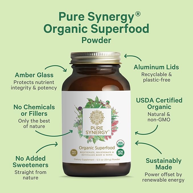 PURE SYNERGY Organic Superfood Powder | Green Superfood Powder | Whole Food Supplement with Organic Greens, Spirulina and Mushrooms | for Energy, Healthy Aging, and Immune Health (12.5 oz)