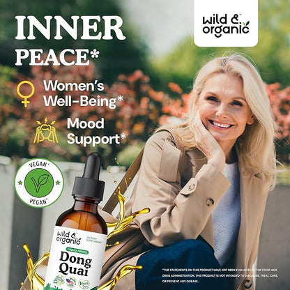 Wild & Organic Dong Quai Tincture 500 mg - Angelica Root Supplements for Women - Dong Quai Root Liquid Extract Drops - Angelica Sinensis Herb - No Sugar & Alcohol - 2 fl oz