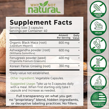 Why Not Natural 4-in-1 Organic Black Maca Root, Ashwagandha, Fenugreek, Panax Ginseng Capsules, Supplement for Men and Women