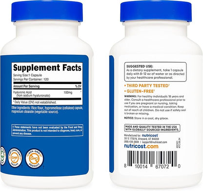 Nutricost Hyaluronic Acid Capsules 100mg,120 Vegetarian Capsules - Gluten Free, Non-GMO