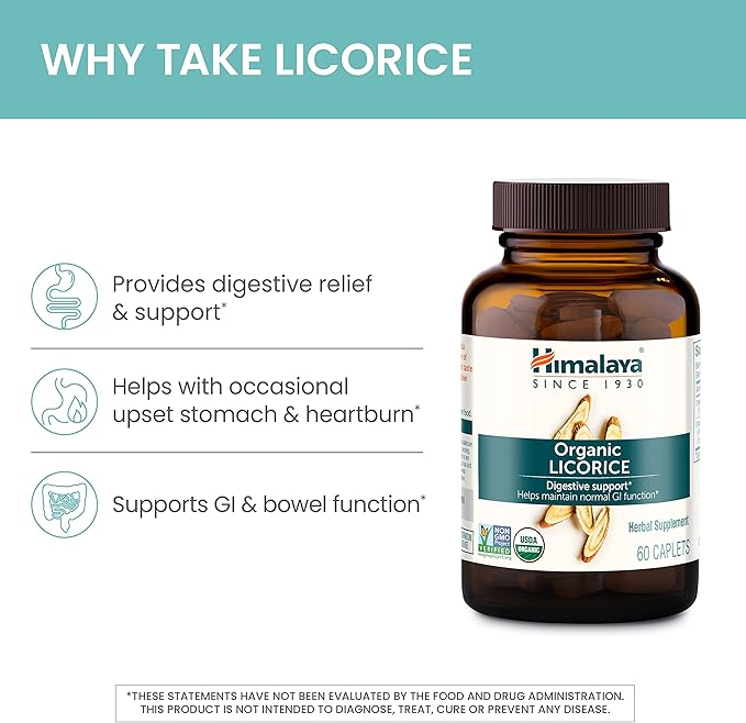 Himalaya Organic Licorice Root Herbal Supplement, Non-DGL, Occasional Heartburn, Indigestion and Upset Stomach Relief, Digestive Support, Non-GMO, USDA Organic, Vegan, 60 Plant-Based Caplets, 2 Pack