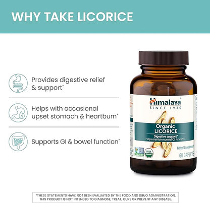 Himalaya Organic Licorice Root Herbal Supplement, Non-DGL, Occasional Heartburn and Indigestion Relief, Upset Stomach Relief, Digestive Support, Non-GMO, USDA Organic, Vegan, 60 Plant-Based Caplets