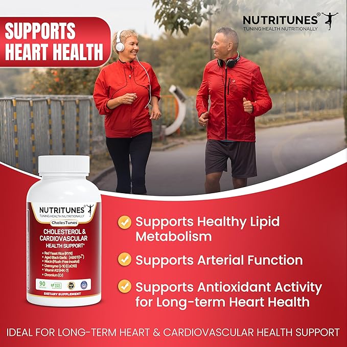 Cholestunes –Cholesterol & Heart Health Support Advanced Supplement Red Yeast Rice (RYR), Aged Black Garlic CoQ10, Niacin (Flush-Free), Chromium & Vitamin K2– 90 Capsules