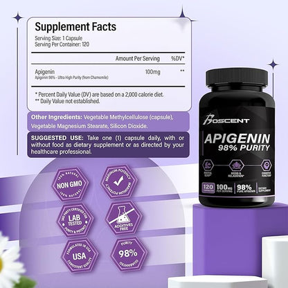 Apigenin Supplement 100mg from Chamomile Extract 120 Count - 98% purity- Apigenin Supplement for Sleep, Mood, Cognition, Prostate health - Excellent sleep aid, Non-GMO, No Fillers - 4-Month Supply