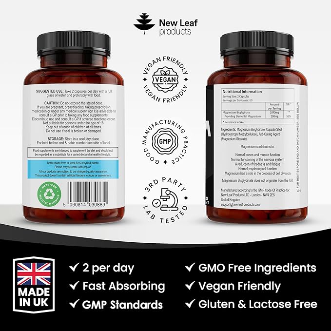 Magnesium Glycinate Supplements - 180 High Strength Capsules - 1040mg of Magnesium Providing 208mg Elemental Magnesium Per Serving - Pure Active Ingredient - UK Manufactured
