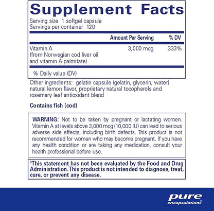 Pure Encapsulations Vitamin A - 3,000 mcg - from Cod Liver Oil - Immune & Vision Support* - Vitamin A Palmitate Supplement - Non-GMO - 120 Softgel Capsules